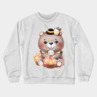 Cute Cartoon Bear with Flowers, Bunny and Bee Illustration Crewneck Sweatshirt